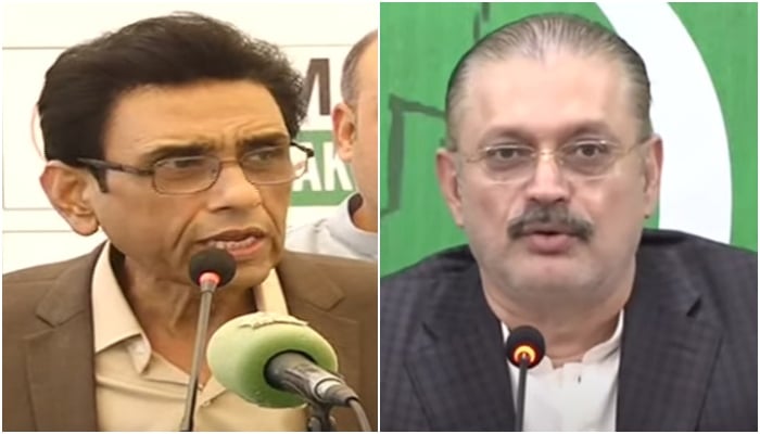 MQM-P convener Dr Khalid Maqbool Siddiqui (left) and Sindh Information Minister Sharjeel Inam Memon during separate press conferences on July 1, 2024. — Screengrab/GeoNews