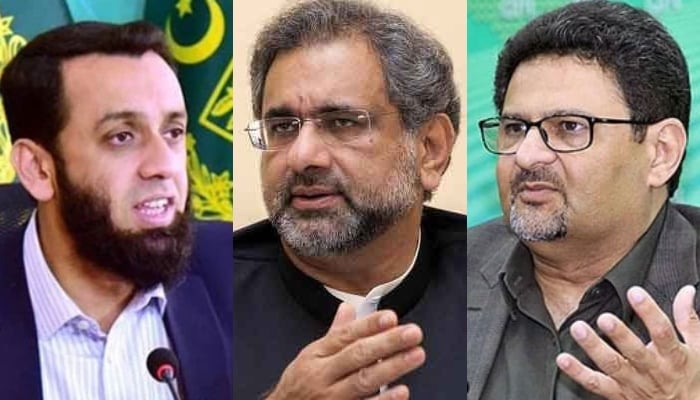 (From left to right) Information Minister Attaullah Tarar, Shahid Khaqan Abbasi and Miftah Ismail. — APP/File