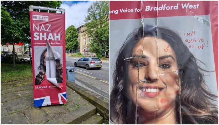 Election banners of Labour Partys candidate Naz Shah defaced and slashed with knives in Bradford. — Reporter