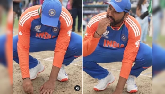 Indian skipper Rohit Sharma is eating soil from the pitch on June 29, 2024. —Screengrab/Instagram/ icc