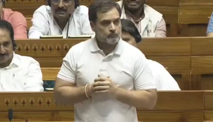 Indias Opposition Leader Rahul Gandhi speaks on the assembly floor during a Lok Sabha session on July 1, 2024. — Screengrab via X/@INCIndia
