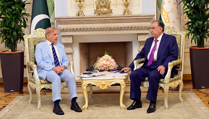 وزیر اعظم شہباز شریف (بائیں) 2 جولائی 2024 کو قصر ملت، دوشنبہ، تاجکستان میں تاجکستان کے صدر امام علی رحمان سے ملاقات کر رہے ہیں۔ — PID