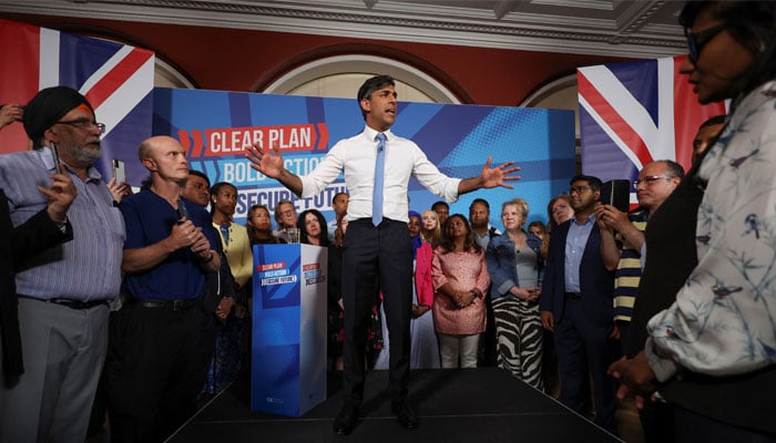 British Prime Minister Rishi Sunak speaks during a Conservative general election campaign event, in London, Britain June 24, 2024. — Reuters