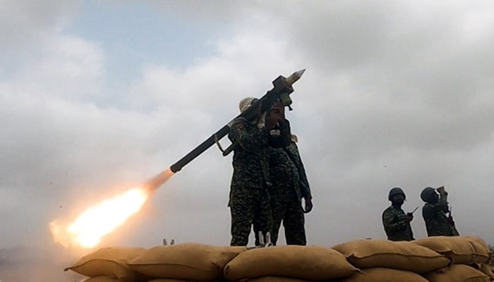 Pakistan Navys Ground Based Air Defence (GBAD) troops demonstrate the surface-to-air missile (SAM) firing at airborne targets on July 3, 2024. — Facebook/DGPR- Navy