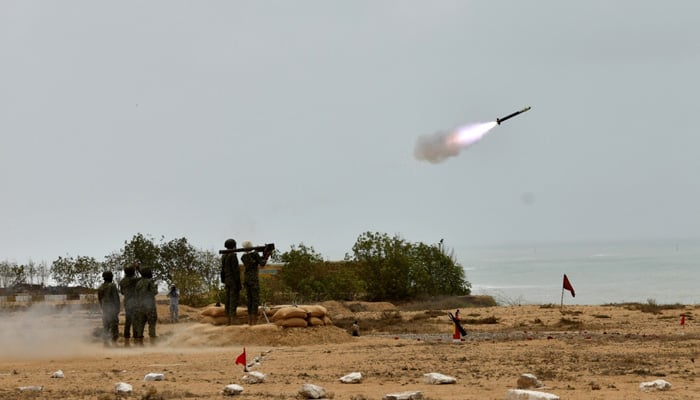 Pakistan Navys Ground Based Air Defence (GBAD) troops demonstrate the surface-to-air missile (SAM) firing at airborne targets on July 3, 2024. — Facebook/DGPR- Navy