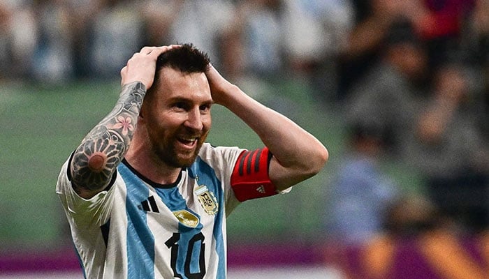 Argentina´s Lionel Messi reacts during a friendly football match against Australia at the Workers´ Stadium in Beijing on June 15, 2023.—AFP
