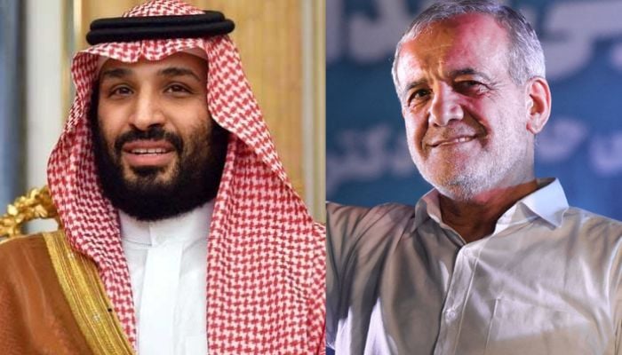 Saudi Crown Prince Mohammed bin Salman (left) gestures during a gathering. President Masoud Pezeshkian (right) raises his fist as he arrives for his campaign rally, two days before a presidential election runoff following a first round marked by a historically low turnout, at a stadium in Tehran on July 3, 2024. — AFP/File