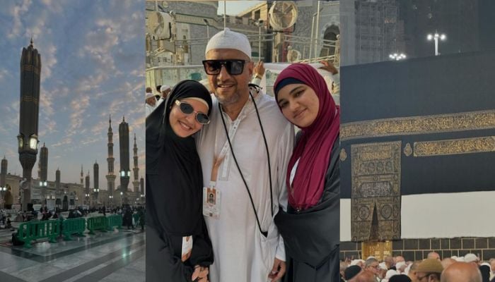 Former Indian tennis player Sania Mirza gestures for a photograph with her sister and father during Hajj along with pictures of Holy Kaaba and passageway of Masjid e Nabwi in this combination image. — Instagram/@mirzasaniar