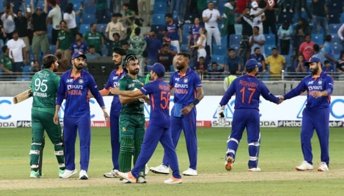 Players shake hands after the match between Pakistan and India at Dubai International Stadium, Dubai, United Arab Emirates, on September 4, 2022. —Reuters