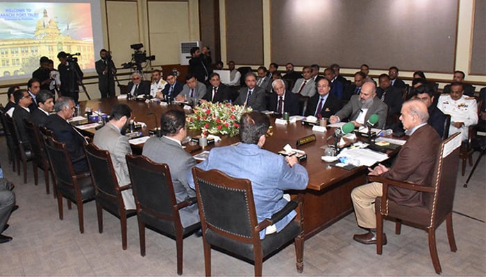 Prime Minister Shehbaz Sharif chairs a meeting regarding Karachi Port Trust, Port Qasim Authority and Pakistan National Shipping Corporation in Karachi on July 7, 2024 — PID