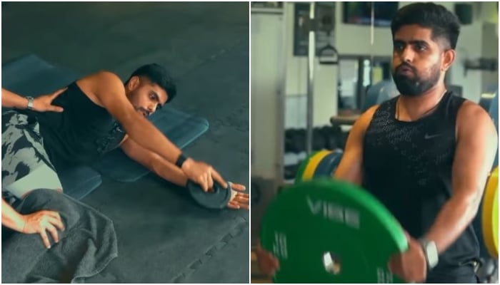 Pakistans white-ball captain Babar Azam working out at the gym in this still taken from a video. — Instagram/@babarazam