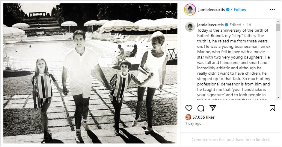 Jamie Lee Curtis pens down a heartfelt note to stepfather Robert Brandt