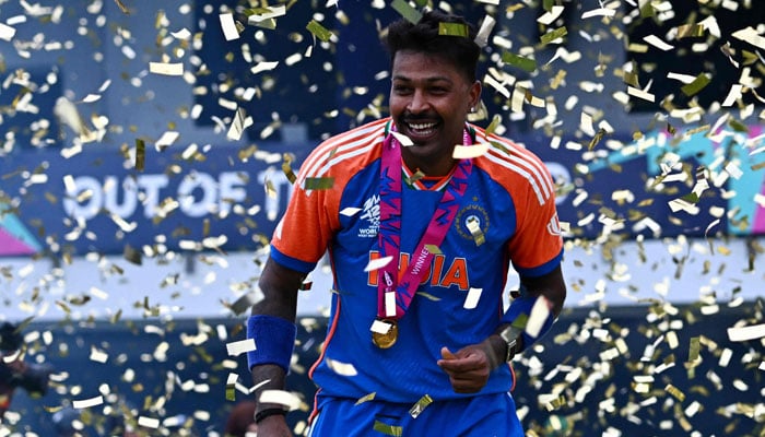 Indias Hardik Pandya celebrates after winning the ICC mens T20 World Cup 2024 final match between against South Africa at Kensington Oval in Bridgetown, Barbados, on June 29, 2024. — AFP