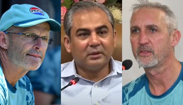 (From left to right) Pakistans white-ball coach Gary Kirsten, PCB Chairman Mohsin Naqvi and teams red-ball coach Jason Gillespie. — AFP/State Media/Facebook/Pakistan Cricket Team/File