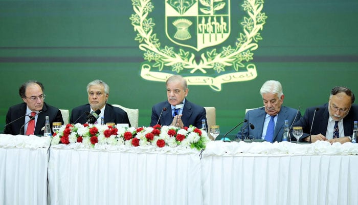 Prime Minister Shehbaz Sharif (centre) briefing parliamentarians on power sector reforms in Islamabad on July 9, 2024. — PID