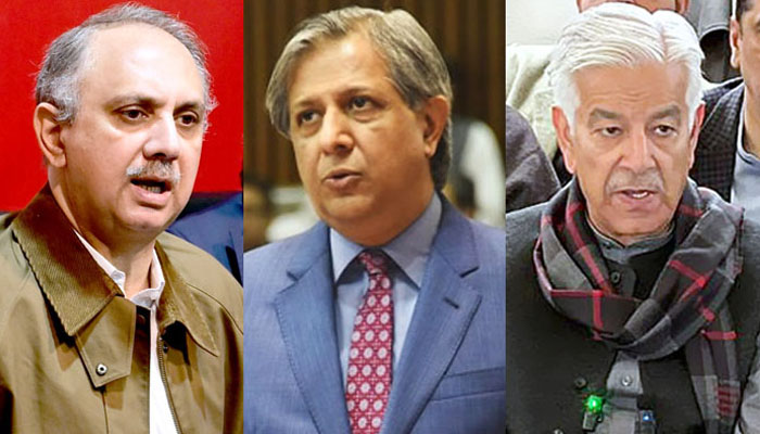 (Left to right): Leader of the Opposition in the National Assembly Omar Ayub, Minister for Law and Justice Azam Nazeer Tarar and Defence Minister Khawaja Asif. — APP/File