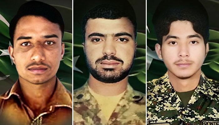 (From left to right) Non-Combatant Bearer Zain Ali Shaheed, Sepoy Asad Ullah Shaheed and Sepoy Muhammad Sufyan Shaheed. — ISPR