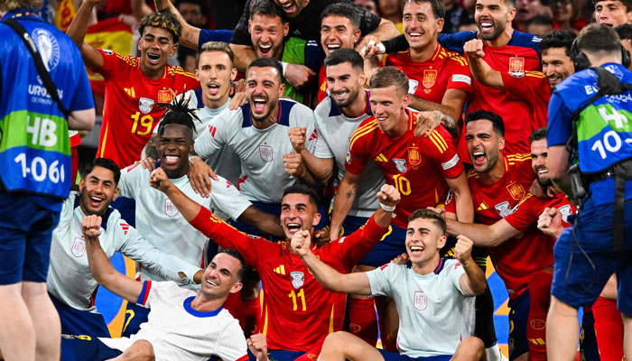 Spain’s players celebrate after winning the UEFA Euro 2024 semi-final football match between the Spain and France at the Munich Football Arena in Munich on July 9, 2024. — AFP