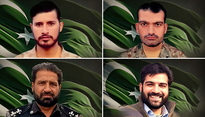 (Left to right) Pakistan Armys Sepoy Muhammad Idrees, Sepoy Badam Gul, KP Polices Sub-Inspector Tajmir Shah and Assistant Sub Inspector Muhammad Akram. — ISPR