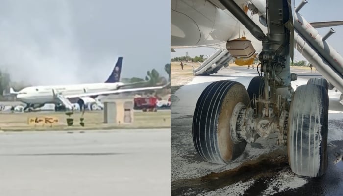 This combination of images shows snaps of the international airlines aircraft on a runway at Peshawar Airport after its landing gear caught fire upon landing. — Photos by author