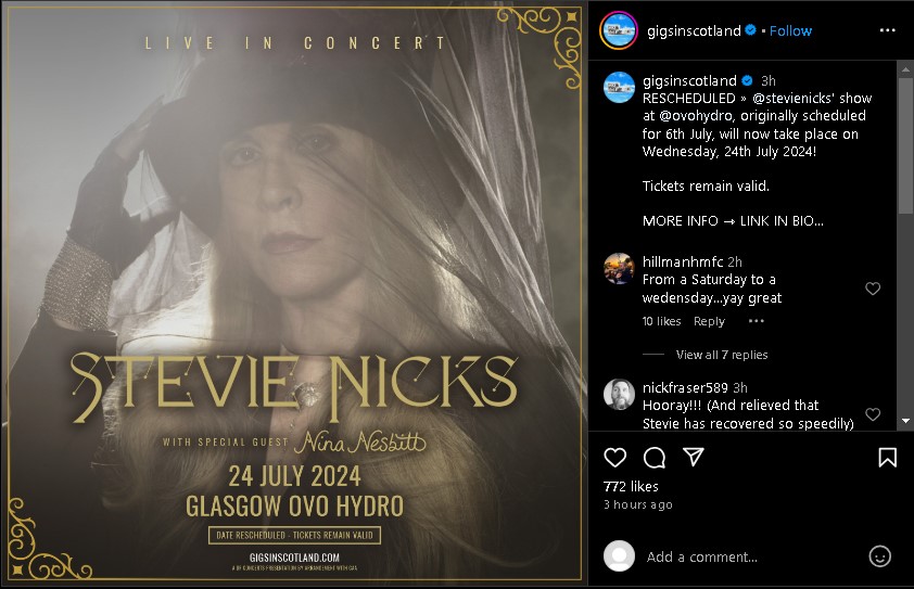 Stevie Nicks Glasgow Hydro concert initially scheduled for July 6th was postponed due to surgery