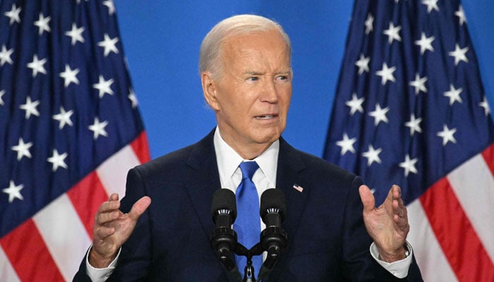 US President Joe Biden speaks during a press conference at the close of the 75th NATO Summit at the Walter E. Washington Convention Center in Washington, DC on July 11, 2024. — AFP