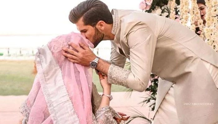 Pakistan pacer Shaheen Shah Afridi with his wife Ansha Afridi during Nikah ceremony on February 4, 2023. — X/@SAfridiOfficial