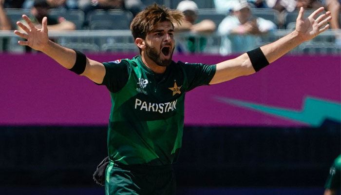 Pakistans Shaheen Shah Afridi in reacts during the ICC Mens T20 Cricket World Cup 2024 match between against Canada at Nassau County International Cricket Stadium on June 11, 2024 in New York, US. — AFP