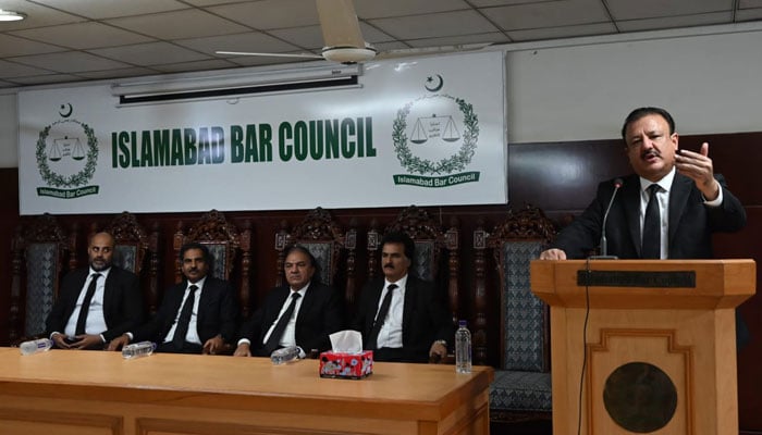 IHCs Justice Tariq Mehmood (right) delivers lecture to the lawyers present at the Islambad Bar Council. — Supplied