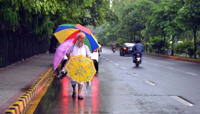 An elderly vendor selling colourful umbrellas to attract customers during torrential rain in Lahore on July 10, 2024. — APP