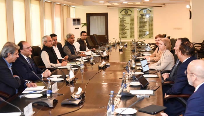 Federal Minister for Finance and Revenue Senator Muhammad Aurangzeb discusses investment opportunities with a delegation of British International Investment at the Finance Division on July 12, 2024. — APP