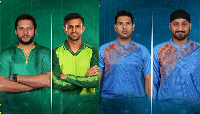 This combination of images shows Pakistans Shahid Afridi, Shoaib Malik (left) and Indias Youvraj Singh and Harbhajan Singh on a poster for World Championship of Legends 2024. — X/@WclLeague