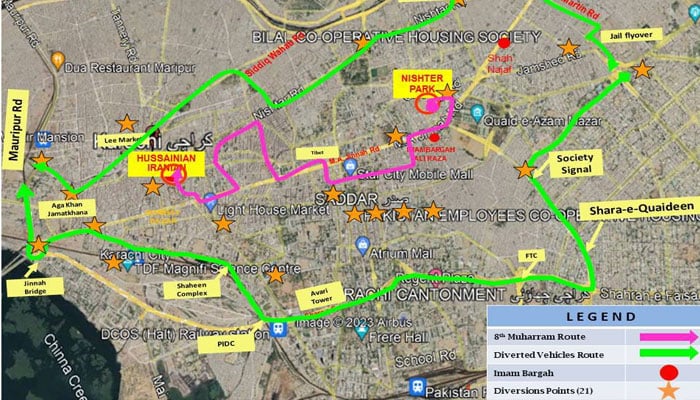 Route map of the 8th Muharram procession and traffic diversion plan issued by Karachi Traffic Police in this image released on July 12, 2024. — Facebook/Karachi Traffic Police