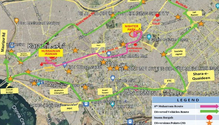 Route map of the 9th and 10th Muharram procession and traffic diversion plan issued by Karachi Traffic Police in this image released on July 12, 2024. — Facebook/Karachi Traffic Police