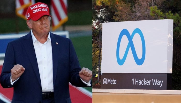 This combination of images shows former US president Donald Trump and the billboard showing the Meta logo. — Reuters/Files