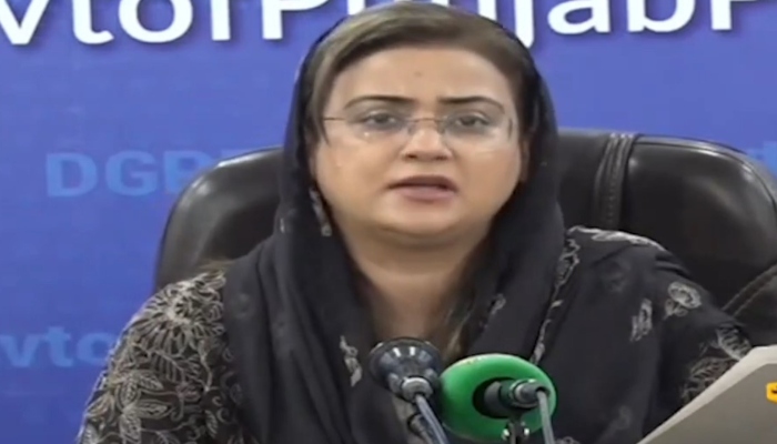 Punjab Minister for Information Azma Bokhari addressing press conference in Lahore on July 13, 2024. —Screengrab/ Geo News