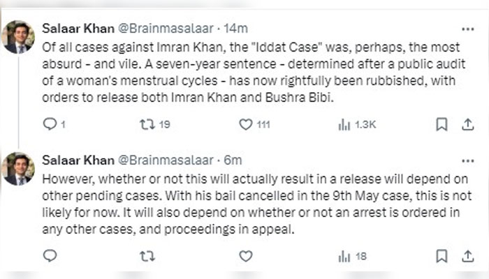 A screengrab of lawyer Salaar Khans tweet. — X/@Brainmasalaar