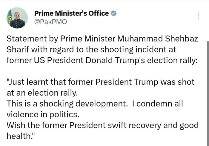 Prime Minister Shehbaz condemns shocking attack on Trump and wishes him a speedy recovery