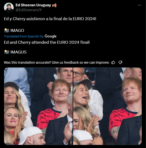 Ed Sheeran attends Euros final in Berlin with wife