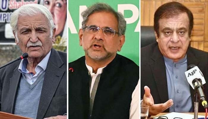 (from left to right) PPP leader Farhatullah Babar, Awaam Pakistan founder Shahid Khaqan Abbasi and Leader of the Opposition in Senate Shibli Faraz. — APP/Files