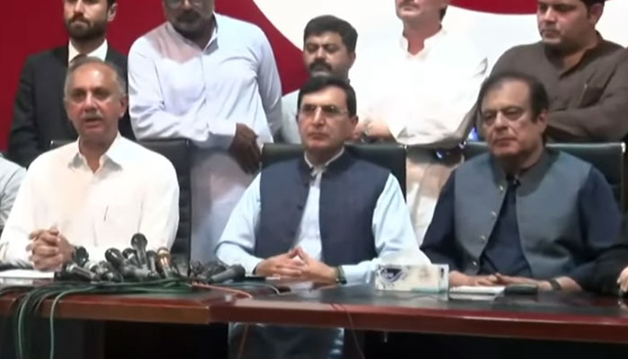 PTI leaders including Omar Ayub Khan (first left), Gohar Ali Khan and Shibli Faraz addressing the press conference in Islamabad on July 15, 2024. — Geo News screengrab