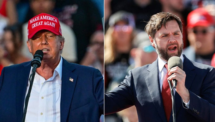 This combination of pictures created on July 15, 2024 shows Republican presidential candidate Donald Trump in Doral, Florida, on July 9, 2024 and US Senator JD Vance, Republican of Ohio, in Vandalia, Ohio, on March 16, 2024. — AFP