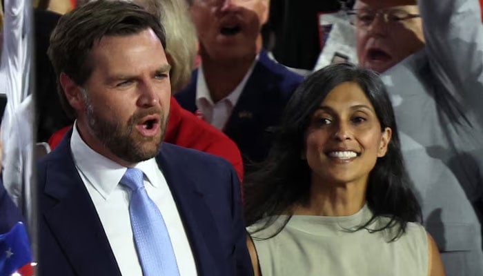 Republican vice presidential candidate JD Vance is accompanied by his wife Usha Chilukuri Vance at the first day of the Republican National Convention (RNC), at the Fiserv Forum in Milwaukee, Wisconsin, US, July 15, 2024. — Reuters