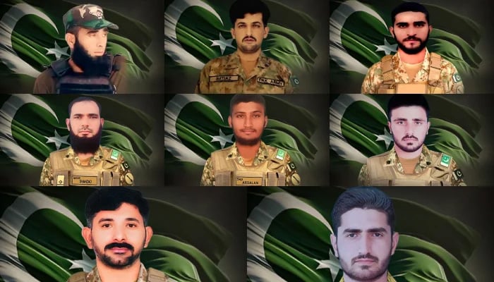 (Clockwise) Pakistan Armys martyred soldiers Lance Naik Sabz Ali, Sepoy Imtiaz Khan, Sepoy Sobhan Majeed, Naib Subedar Muhammad Shehzad, Sepoy Arsalan Aslam, Havildar Shahzad Ahmed, Havildar Zil-e-Hussain and Sepoy Ashfaq Hussain Khan in this image released on July 16, 2024. — ISPR