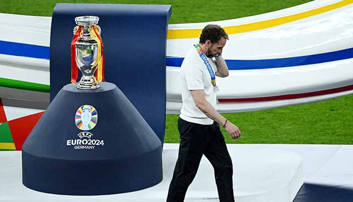 General view of the trophy as England manager Gareth Southgate looks dejected after losing the Euro 2024 final, Spain vs England - Berlin Olympiastadion, Berlin, Germany, July 14, 2024. — Reuters