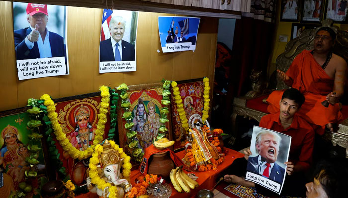 Activists from Hindu Sena, a Hindu right-wing group, perform a special prayer for the longevity of Republican presidential nominee and former US president Donald Trump after he survived an assassination attempt, in New Delhi, India, July 16, 2024. — Reuters