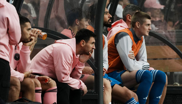 Inter Miami player Lionel Messi on the sideline in a preseason friendly soccer match against Hong Kong XI at Hong Kong Stadium on Feb 4, 2024. — Reuters