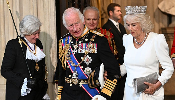 King Charles III and Queen Camilla wearing the Diamond Diadem depart the Houses of Parliament, Victoria Tower, Sovereigns Entrance after the State Opening of Parliament on July 17, 2024 in London, Britain. — Reuters