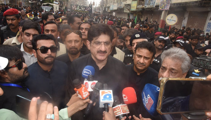 Sindh Chief Minister Syed Murad Ali Shah talking to local media at Mola Ali Imam Bargah in Hyderabad on July 17, 2024. — Sindh CM House