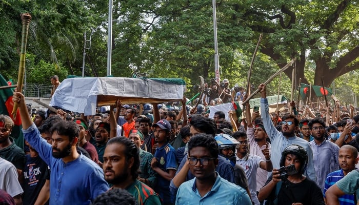 Anti-quota protesters join in a coffin rally at the University of Dhaka, in Dhaka, Bangladesh, on July 17, 2024. —Reuters